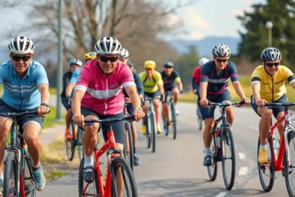 Csoport kerékpárosok edzés közben egy napos úton.