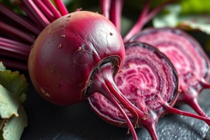 Friss cékla és szeletek, gazdag tápanyagokban.