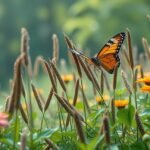 Színes pillangó virágok között, amelyek a környezet védelmét jelképezik.