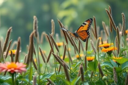 Színes pillangó virágok között, amelyek a környezet védelmét jelképezik.