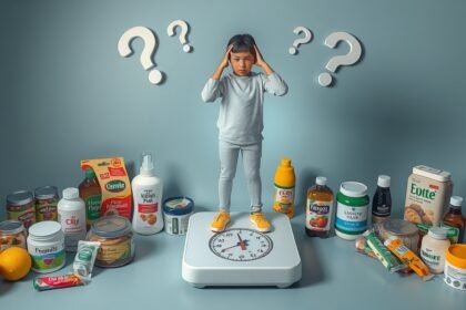 Gyermek a mérlegen, körülötte kérdőjelek és élelmiszerek, a gyors fogyás dilemmája.