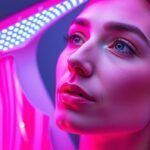 Fiatal nő infralámpa használatával bőrápoláshoz, feszes és ragyogó bőrért.