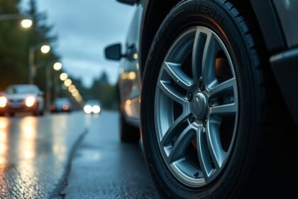 Autó gumi és kerék az úton, guminyomás-érzékelők szerepe a közlekedésben