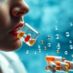 Közelkép egy szájban lévő gyógyszerről és lebegő tablettákról.