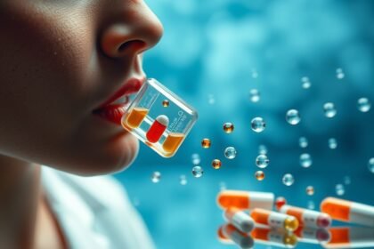 Közelkép egy szájban lévő gyógyszerről és lebegő tablettákról.