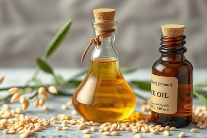 Szezámmagolaj palackok szezámmaggal, bőrápolás és hajápolás jótékony hatásaihoz.