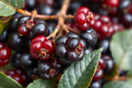 Friss arónia bogyók zöld levéllel, antioxidánsokban gazdag szuperélelmiszer.