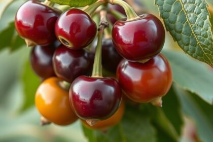 Perui földicseresznye gyümölcsök a fán, friss zöld levelek között.