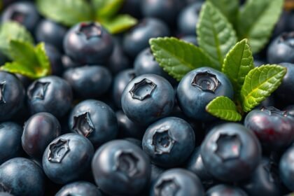 Friss kék áfonyák anyagokkal, zöld levelekkel díszítve.