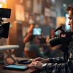 Digitális médiakörnyezetben dolgozó férfi kamerával és fejhallgatóval