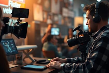 Digitális médiakörnyezetben dolgozó férfi kamerával és fejhallgatóval