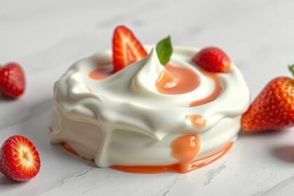 Tejszínes joghurt friss eperrel és gyümölcsszósszal díszítve