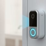 Modern elektromos csengő a bejárati ajtón, okosotthon technológia.