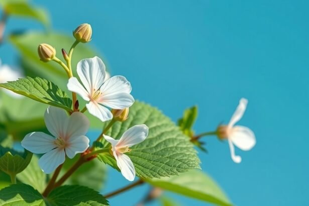 Erdei mályva virágok zöld levelekkel a kék háttér előtt.