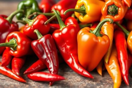 Friss és színes chili paprikák egy asztalon, változatos fajtákban.