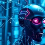 Mesterséges intelligencia arca kék háttérrel és áramkörökkel.