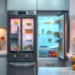 Modern okoshűtő friss zöldségekkel és gyümölcsökkel