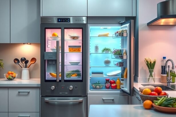 Modern okoshűtő friss zöldségekkel és gyümölcsökkel