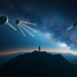 Egy ember a hegytetőn, felette űrhajók lebegnek az univerzumban.
