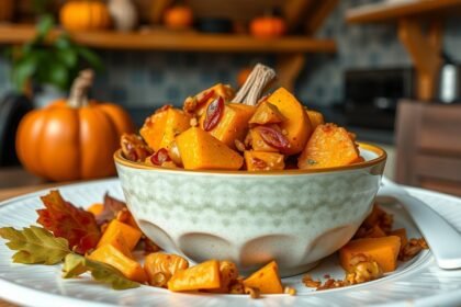 Illatos sütőtökös étel tálban, őszi dekorációval