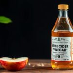 Szüretlen almaecet palack friss almával és gyógynövénnyel.