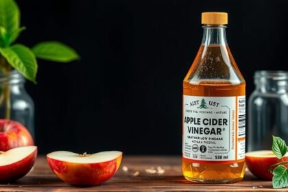 Szüretlen almaecet palack friss almával és gyógynövénnyel.