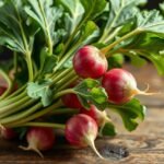 Friss olajretek, zöld levelekkel, fa asztalon.