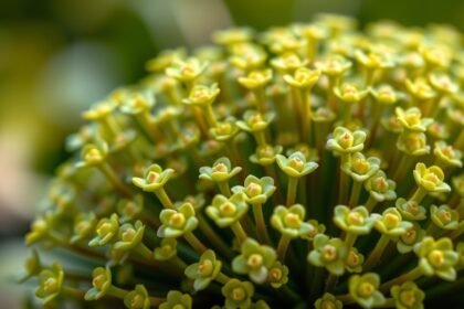 Varjúháj virágoskertben, szép zöld levelekkel és virágokkal.