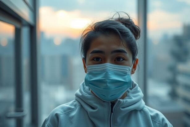 Fiatal nő maszkban, flabélos használatot megelőző biztonsági előírásokkal