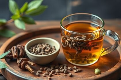 Galaj tea with seeds on a wooden tray, highlighting its health benefits.
