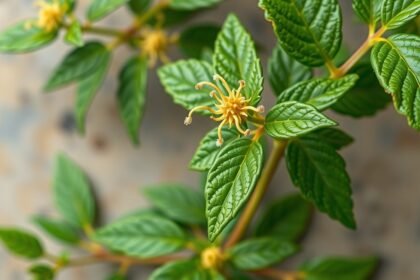 Acmella növény virágának és leveleinek közeli nézete.