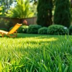 Tökéletes zöld pázsit napos kertben egy narancssárga napernyővel.