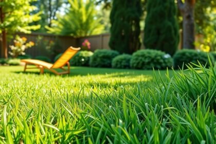 Tökéletes zöld pázsit napos kertben egy narancssárga napernyővel.