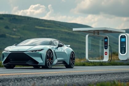 Hidrogén autó a töltőállomásnál zöld tájban, fenntarthatóság, modern technológia.