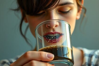 Egy nő kávét iszik, szem előtt a koffein hatásai.