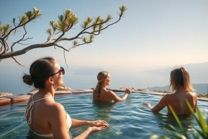 Nők relaxálnak egy gyönyörű panorámás fürdőben