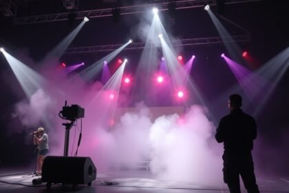 Füstgép használata színpadi előadás során, látványos fényekkel