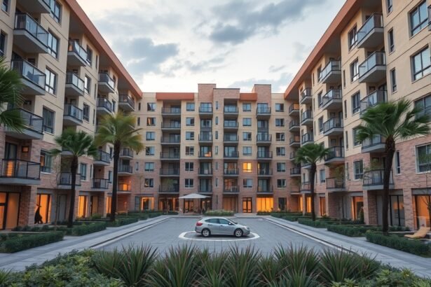 Modern társasház látképe, zöld növényzet és parkolóhely