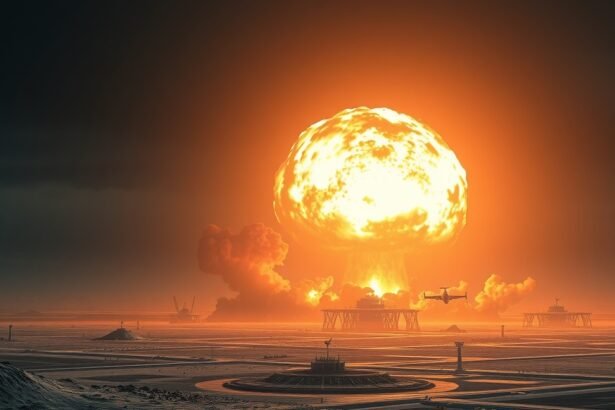 Neutronbomba robbanásának képe, katonai technológia és pusztító hatás.