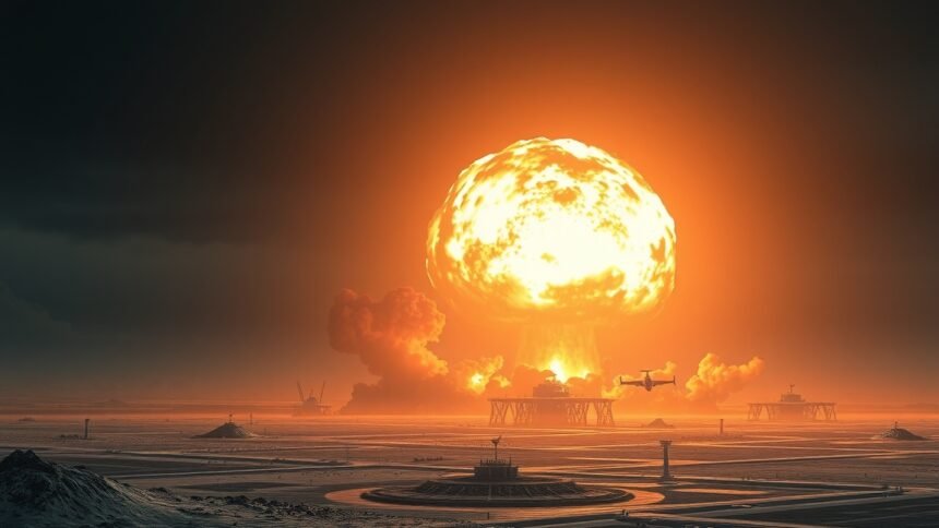 Neutronbomba robbanásának képe, katonai technológia és pusztító hatás.