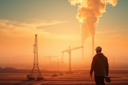 Ember néz a szennyező ipar közelében, metángáz hatásaira utalva.