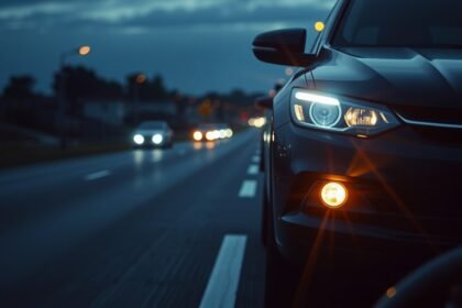 Automata fényszórókkal felszerelt autó éjszaka az úton