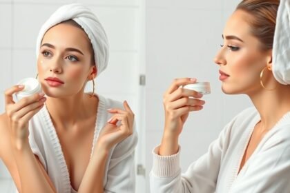 Fiatal nő krémet alkalmaz a bőrápolási rutin részeként.