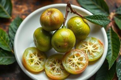 Friss amla gyümölcs zöld levelekkel, egészséges táplálkozásra utalva.