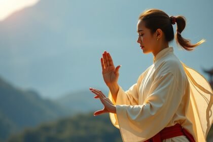 Chi Kung gyakorlása a természetben, meditációs mozdulatban.