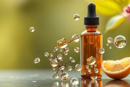 Üveg cseppentő narancs háttér előtt, a Renol csepphez kapcsolódó cseppfolyós elemekkel.