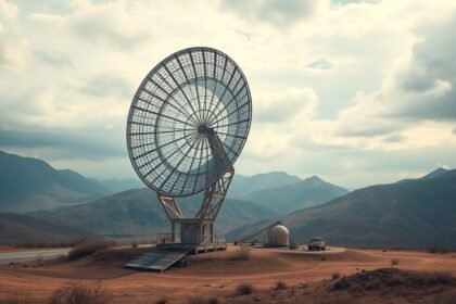 Parabolaantenna tájképi háttérrel, sugárzás vizsgálata