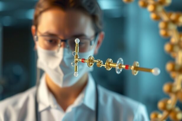 Laboratóriumi munka ligandokkal, kutató maszkban és köpenyben.