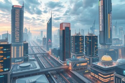 Modern város látképe futurisztikus épületekkel és forgalmas autópályával.