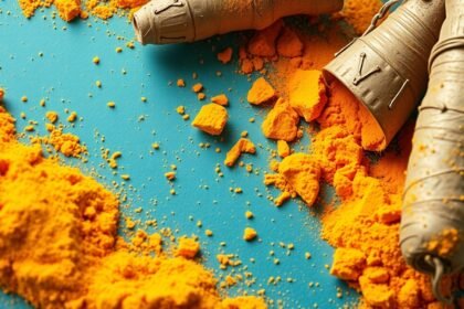 Kurkuma por és fűszer a kék háttéren, egészségmegőrzéshez.